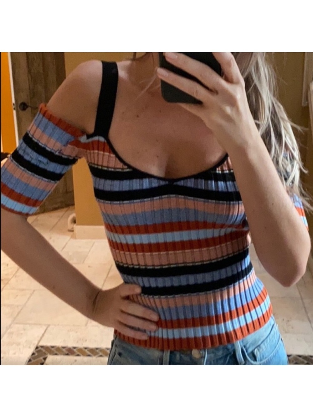 Striped Cold-Shoulder Ribbed Knit Top in Blue and Orange
